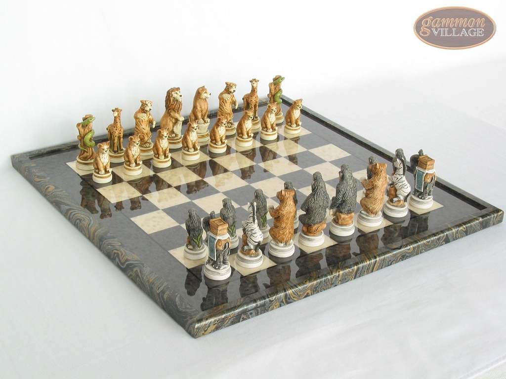 Jungle Life Chessmen with Italian Lacquered Board [Black] - Animal ...