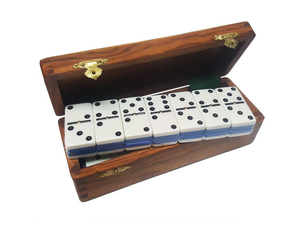 DOUBLE 6 Two-Tone Blue + White Dominoes Set - With Spinners - Wood Box ...